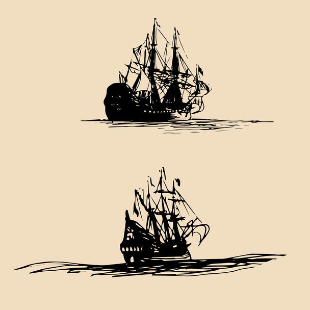 set of sailing ships in the sea - Διάνυσμα, εικόνα