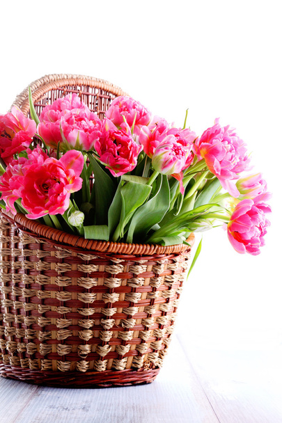 Picnic basket full of pink tulips - Foto, imagen