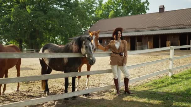 Mulher de moda equestre posa com um cavalo em um rancho ensolarado. - Filmagem, Vídeo