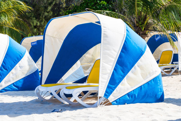 エキゾチックな熱帯ビーチ,ハイチ,カリブ海による傘と日光 - 写真・画像