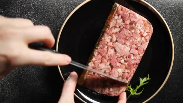 terrine meat slice pate Campagne meat loaf pork meat pie maukas tuore syöminen alkupala ateria ruoka välipala pöydällä kopioi tilaa ruoka tausta maalaismainen ylhäältä - Materiaali, video