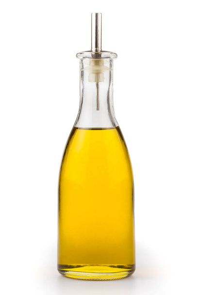 Flacon d'huile d'olive vierge isolé sur fond blanc. - Photo, image