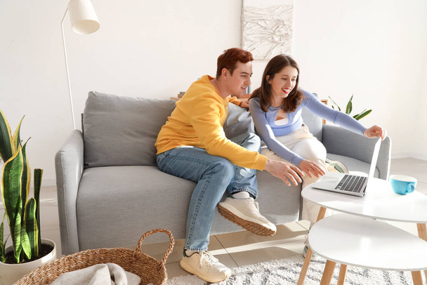 Jeune couple sur canapé gris avec ordinateur portable à la maison - Photo, image