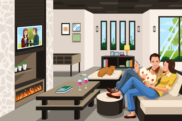 Couple eating take out Chinese food at home - Vector, Image