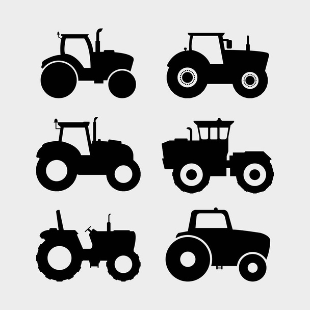 Conjunto de ícones de tratores agrícolas, ilustração vetorial preta. - Vetor, Imagem