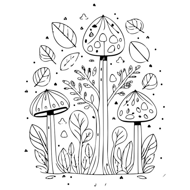 gribouille enfants décoration Champignons feuille illustration croquis élément noir - Vecteur, image