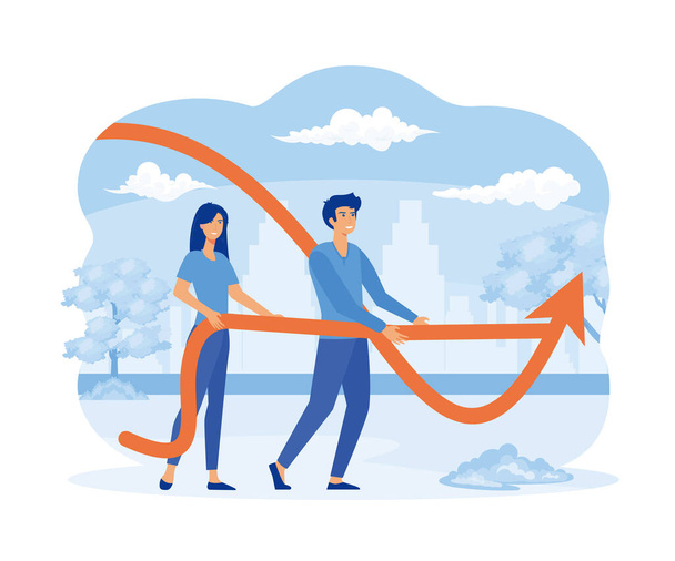 A minimal style of a red down chart of the financial crisis, economic downturn, inflation, recession, bankruptcy concept. A business team with a leader pulling a tug of war to change graph direction. flat vector modern illustration - Vector, Image