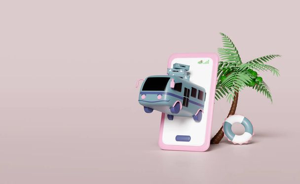 3d ônibus turístico com telefone celular, smartphone, bagagem, palmeiras, lifebuoy isolado. conceito de viagem de verão, ilustração de renderização 3d - Foto, Imagem