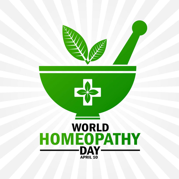 Día Mundial de la Homeopatía. Concepto de vacaciones. Plantilla para fondo, banner, tarjeta, póster con inscripción de texto - Vector, imagen
