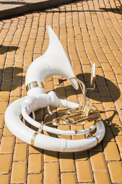 Tuba latão instrumento de sopro musical ao ar livre no desfile em closeup ensolarado - Foto, Imagem