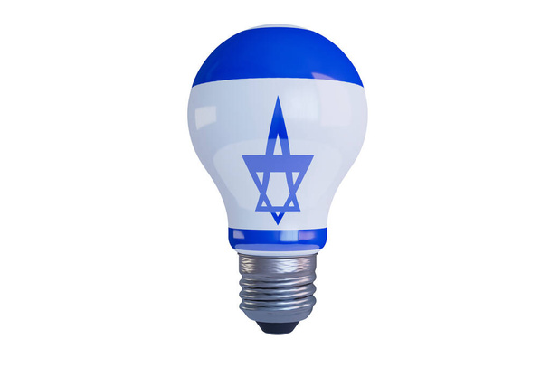 Una rappresentazione illuminante della bandiera israeliana su una lampadina, che riflette una fusione di progresso tecnologico e patrimonio nazionale. - Foto, immagini