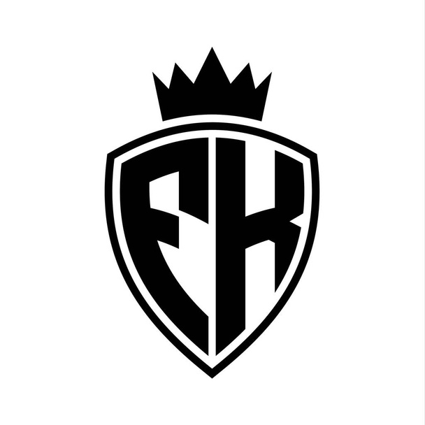 FK Lettera monogramma grassetto con scudo e corona sagoma contorno con modello di design in bianco e nero - Foto, immagini