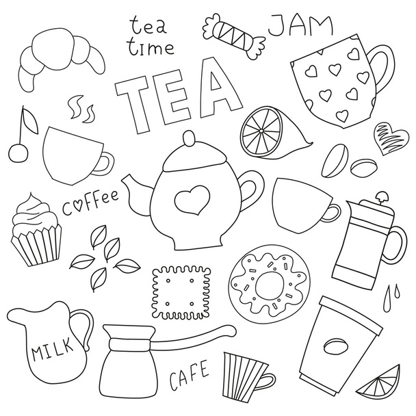 Doodle set for tea and coffee and sweets - Vektör, Görsel