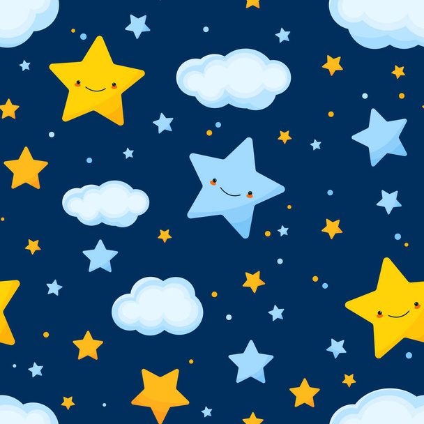 Sonrientes estrellas y nubes en el cielo nocturno patrón sin fisuras. Diseño para ropa de niños, ropa de cama, papel de envolver, papel pintado, tazas y bolsas. Ilustración vectorial - Vector, imagen