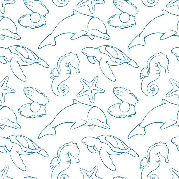 vector seamless pattern with whale, fish and starfish. marine animal, whale, whale and sea. - Vector, Image