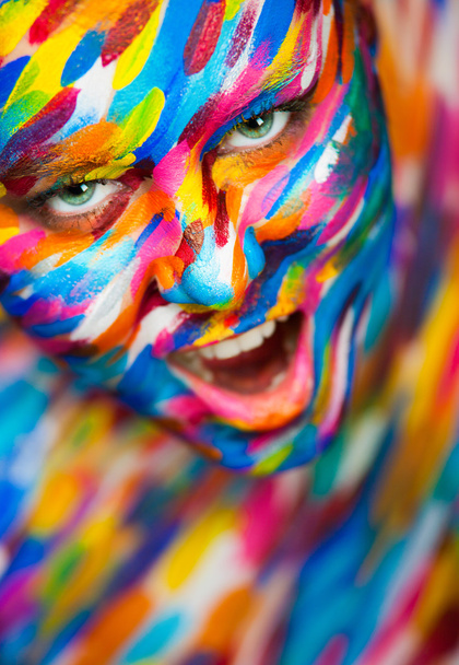 Portrait of the bright beautiful girl with art colorful make-up and bodyart - Фото, зображення
