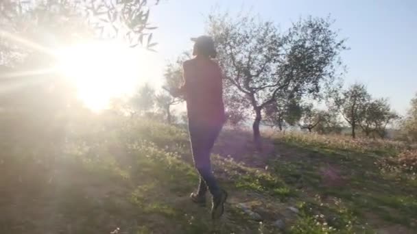Moderní fena farmář s digitálním tabletem kontroluje její ovocnou zahradu na slunném jarním dni - Záběry, video