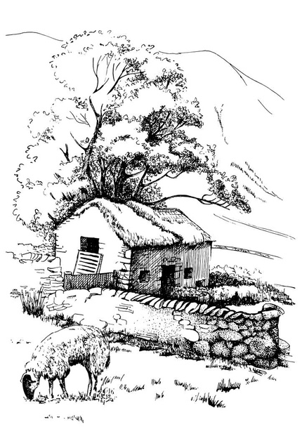 Paisaje rural de una granja en las montañas. Dibujo de tinta convertido en vector - Vector, imagen