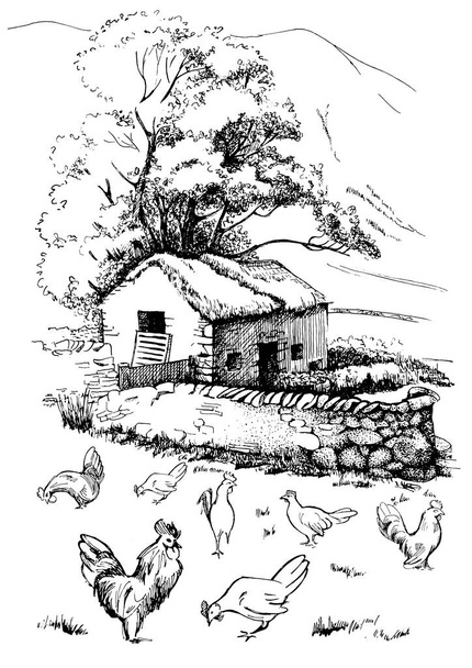 Ländliche Landschaft eines Bauernhofes in den Bergen. Tintenzeichnung in Vektor umgewandelt - Vektor, Bild