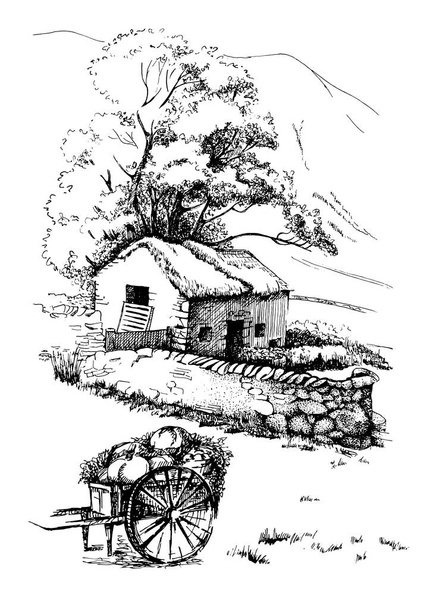 Rural landscape of a farm in the mountains. Ink sketch converted to vector - Vector, Image