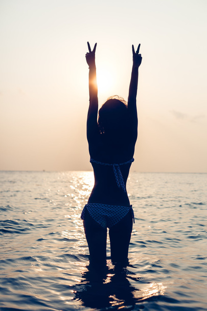 nő élvezi a szabadság boldog érzés tengerparton naplementekor - Fotó, kép