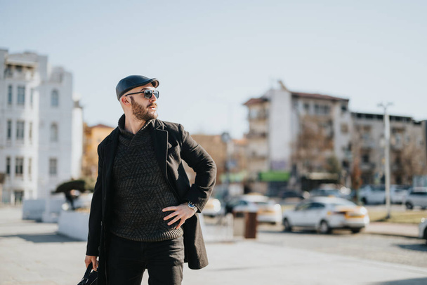 Ένας κομψός επιχειρηματίας με αυτοπεποίθηση στέκεται σε ένα αστικό περιβάλλον, κουβαλώντας ένα χαρτοφύλακα μια ηλιόλουστη μέρα. - Φωτογραφία, εικόνα