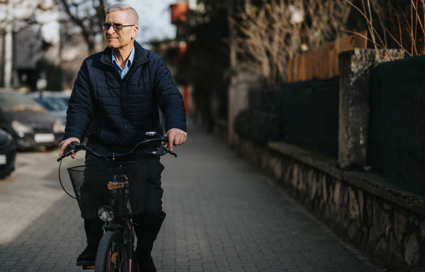 Um homem adulto idoso ativo monta sua bicicleta em uma estrada urbana, exemplificando um estilo de vida saudável e ativo em um ambiente urbano. - Foto, Imagem