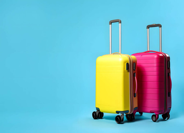 Zwei lebendige, farbenfrohe Koffer vor leuchtend blauem Hintergrund, die die Aufregung und Ästhetik des modernen Reisens evozieren. - Foto, Bild