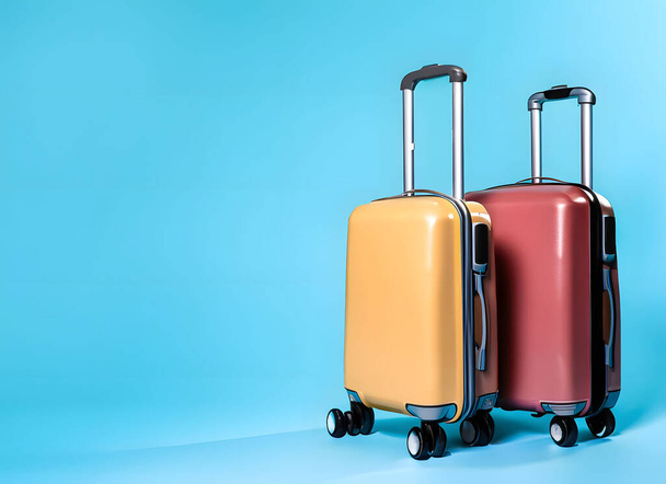 Δύο ζωντανές, πολύχρωμες βαλίτσες τοποθετημένες σε ένα φωτεινό μπλε φόντο, που θυμίζουν τον ενθουσιασμό και την αισθητική των σύγχρονων ταξιδιών. - Φωτογραφία, εικόνα