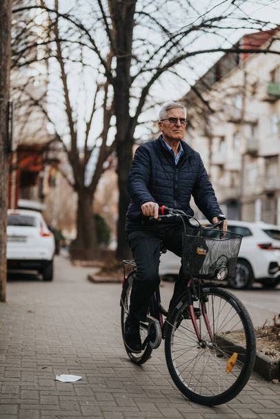 Aktiivinen vanhempi mies nauttimassa pyöräilystä kaupunkiympäristössä syksyn aikana. - Valokuva, kuva