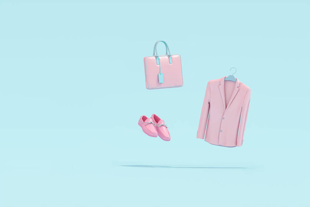 Rózsaszín Stílusos férfi tartozékok pasztell színű háttér úszó tárgyak. 3D-s renderelés. koncepció a vásárlás modern férfi tartozékok üzleti ruha kalap cipő táska. - Fotó, kép