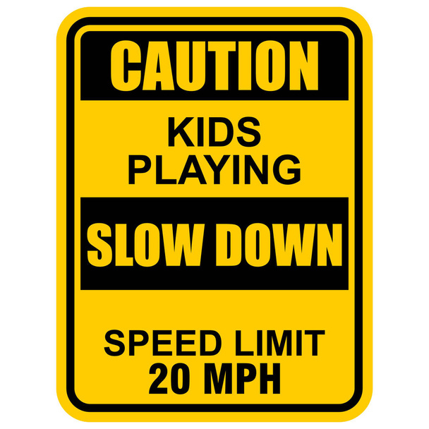 Προσοχή, τα παιδιά παίζουν, επιβραδύνει, όριο ταχύτητας 20 mph, αυτοκόλλητο διάνυσμα - Διάνυσμα, εικόνα
