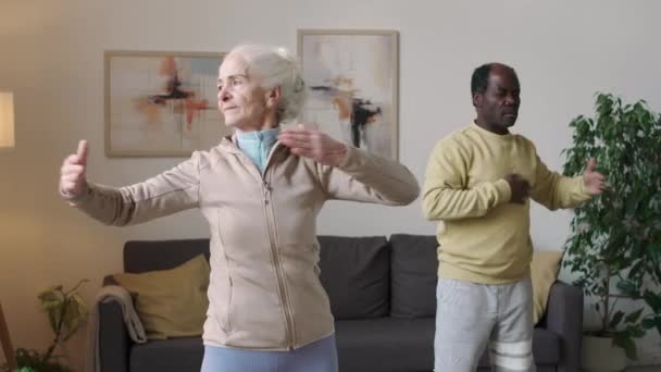 Mittlere Aufnahme eines aktiven ethnisch gemischten Seniorenpaares, das tagsüber körperliche Übungen während des Heimtrainings macht - Filmmaterial, Video