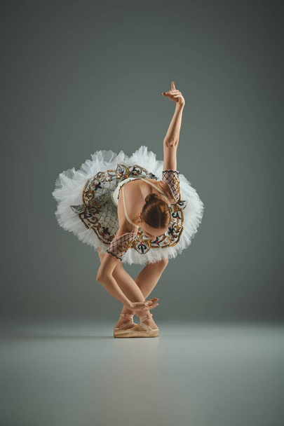 Een jonge mooie ballerina in een tutu poseert sierlijk terwijl ze en pointe danst. - Foto, afbeelding