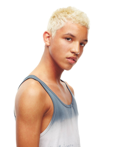 Portrait, teenager and confidence in studio beauty, skincare and hair for stylish or authentic. Teen model, cosmetic and positive or proud on white background, posing and youth or male person. - Φωτογραφία, εικόνα