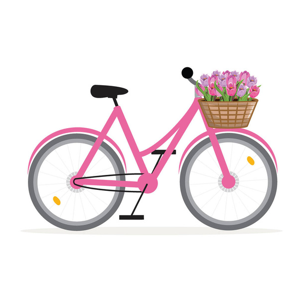 Canlı lalelerle dolu bir sepetle süslenmiş pembe bisiklet. Renkli çiçekler. - Vektör, Görsel