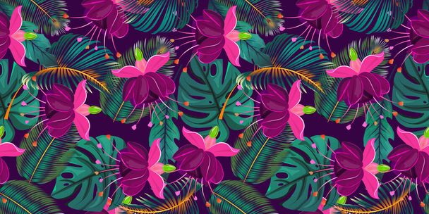 Patrón floral sin costuras con vibrantes flores fucsia y exuberantes hojas tropicales sobre un fondo púrpura oscuro profundo. Perfecto para textiles, papel, papel de envolver, papel pintado, fondos - Vector, imagen