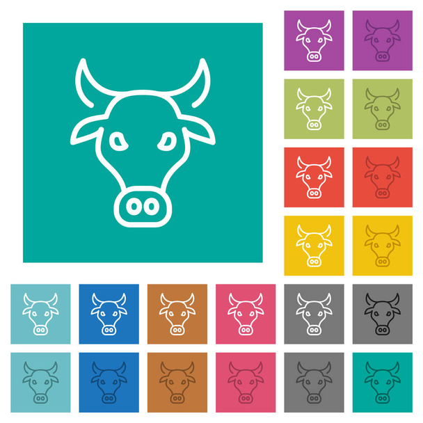 Cabeza de vaca contorno iconos planos multicolores sobre fondos cuadrados llanos. Incluidas variaciones de iconos blancos y más oscuros para efectos de flotación o activos. - Vector, Imagen