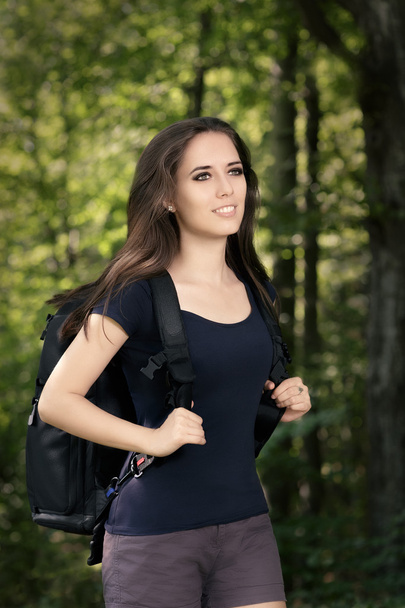Happy Hiking Girl with Travel Backpack - Φωτογραφία, εικόνα