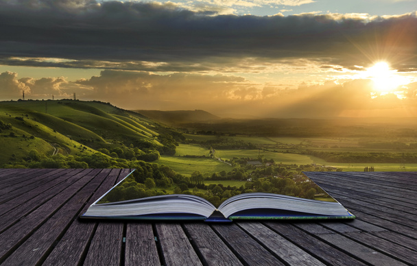 Magical book with contents spilling into landscape background - Photo, Image