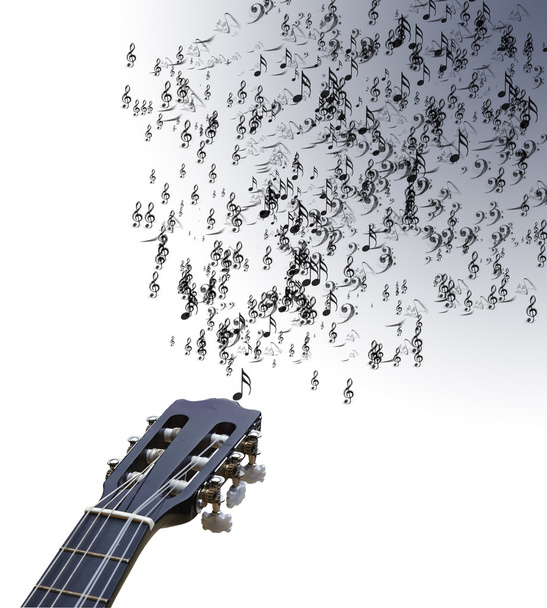 Guitarra isolada em peças brancas com notas musicais saindo oh
 - Foto, Imagem