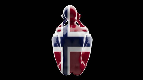 Egy fényes figura Norvégia zászlajába burkolózva, erős fekete háttérrel, amely a hazafiságot testesíti meg. - Fotó, kép