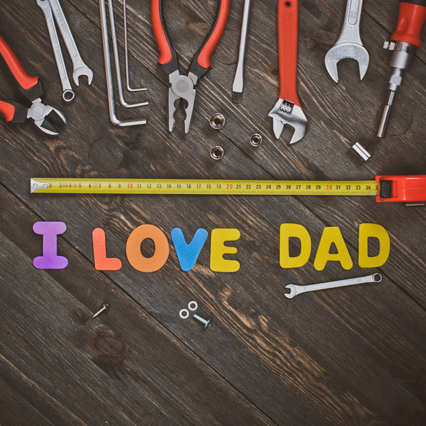 Letters and tools wooden background fathers day - Photo, Image