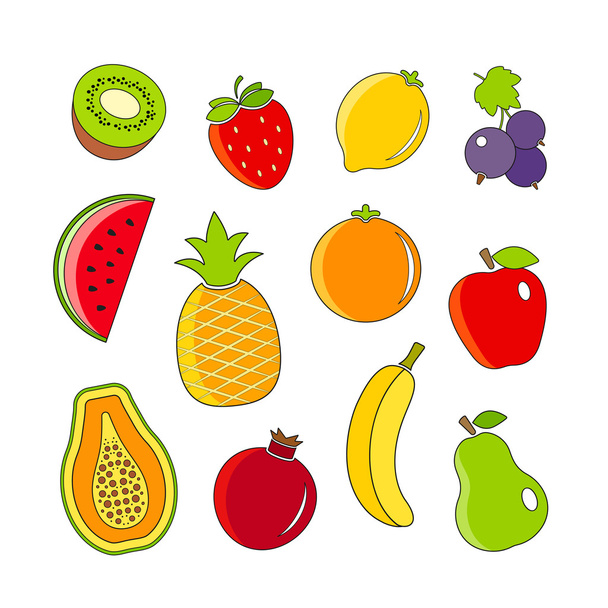 Βιολογικά φρέσκα φρούτα και τα μούρα εικονίδια περίγραμμα σχεδιασμού - Διάνυσμα, εικόνα