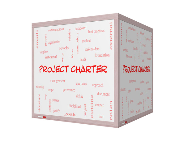 Projekt Charter Word Cloud-Konzept auf einem 3D-Whiteboard - Foto, Bild