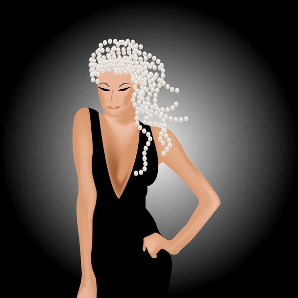 Jonge sexy vrouw in zwarte jurk met zilveren parels - Vector, afbeelding