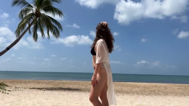 Mladá dlouhosrstá krásná dívka, která sedí na pláži u moře, má na sobě vršek a dlouhou východní sukni. Pohled zezadu, vítr jí fouká vlasy a sukni. Vysoce kvalitní 4K záběry - Záběry, video