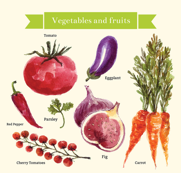 Set of watercolor vegetables and fruit - Vector, Imagen