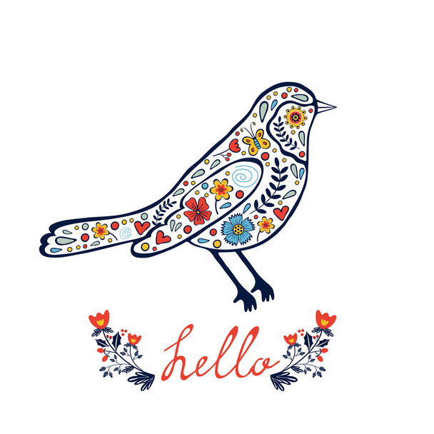 Concept hello card with floral decorative bird - Vector, imagen