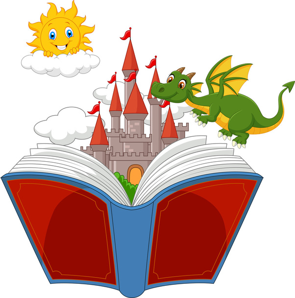Livro de história com castelo de desenhos animados, dragão e sol
 - Vetor, Imagem